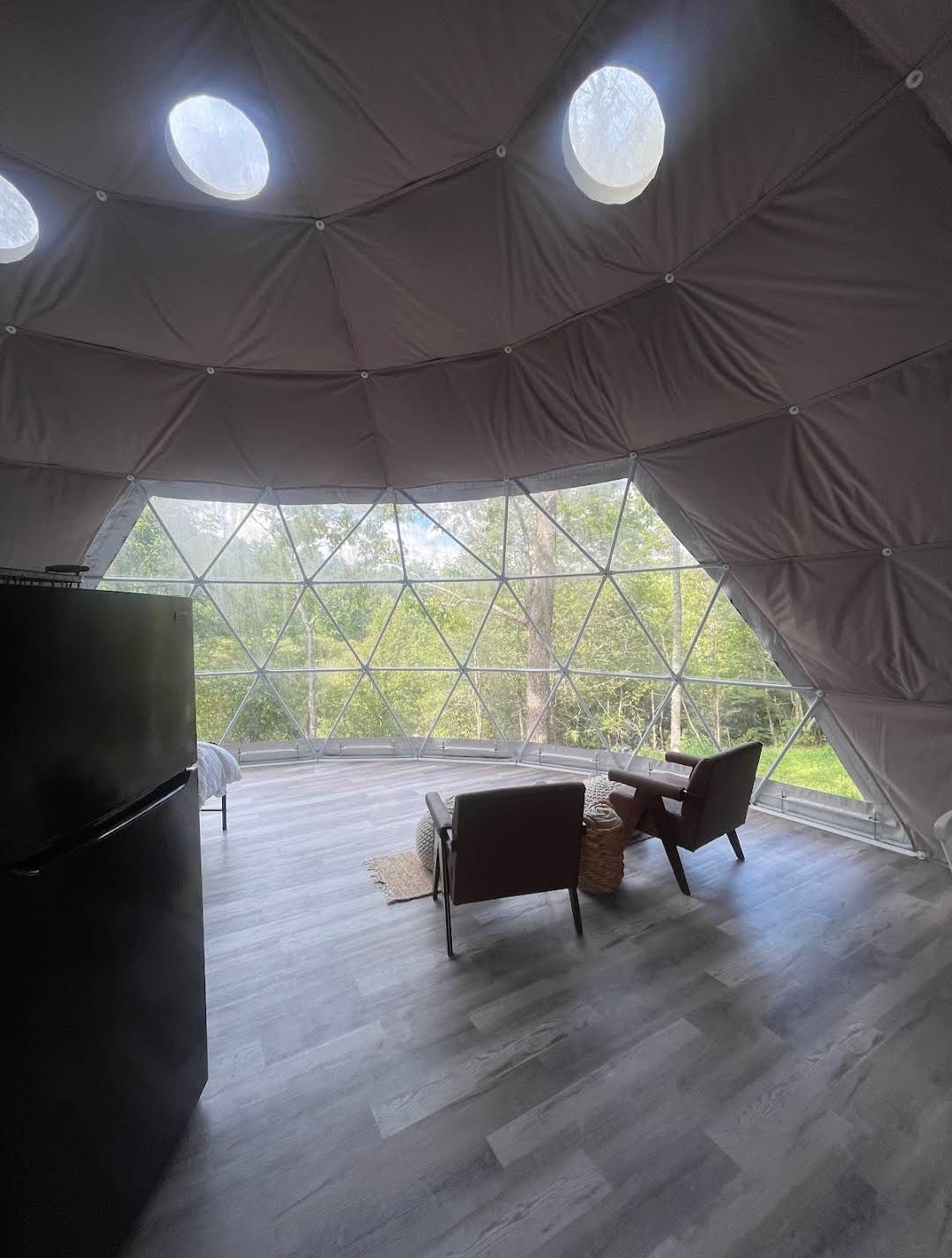 Interior of a custom geodesic dome home built by W's AllWorks, custom home builder in Murphy NC
